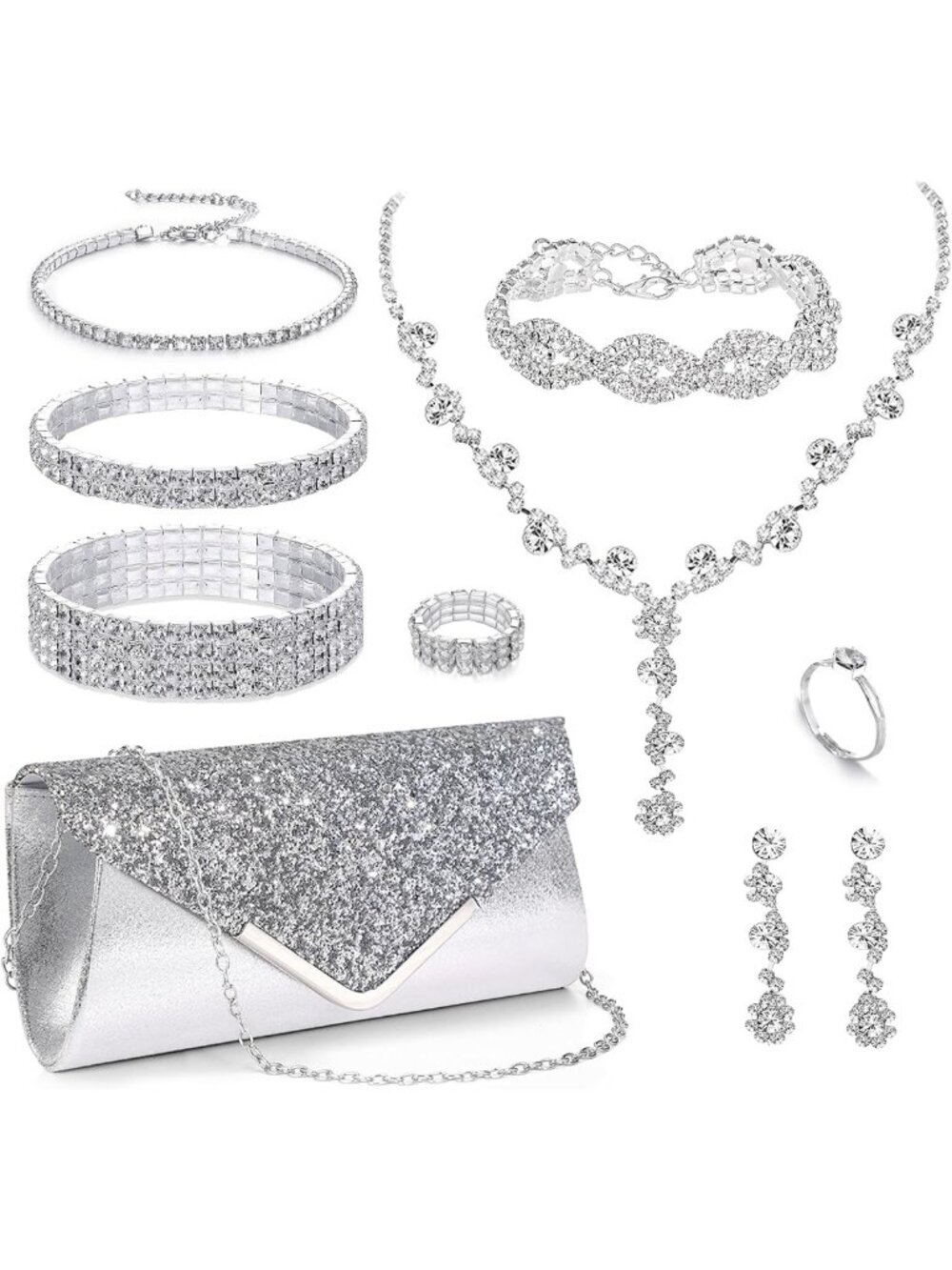 10Pcs Sparkly Rhinestone Jewelry Set for Women - Wedding, Prom, Evening